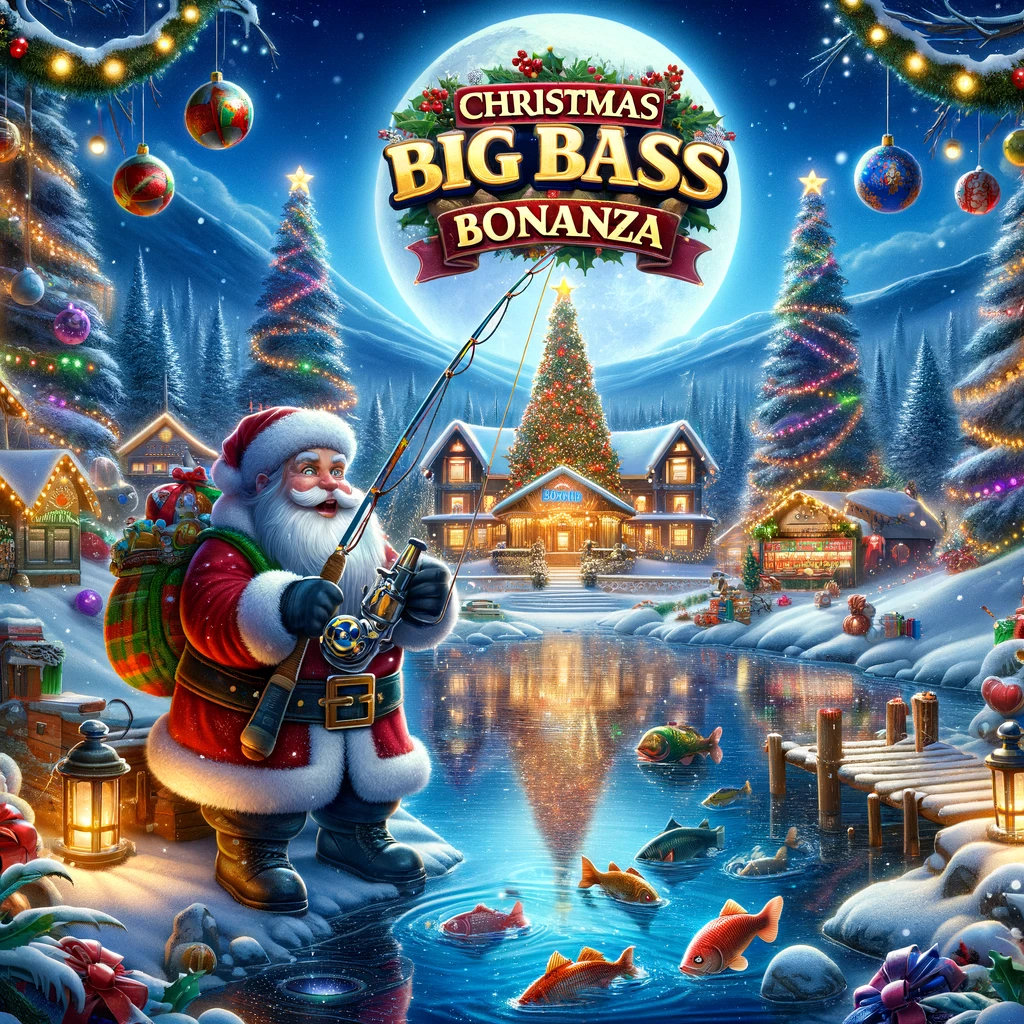 Duik in de kerstsfeer met kerstlichtjes glinsterend over het water in Christmas Big Bass Bonanza, nu beschikbaar bij Bruno Casino Nederland.