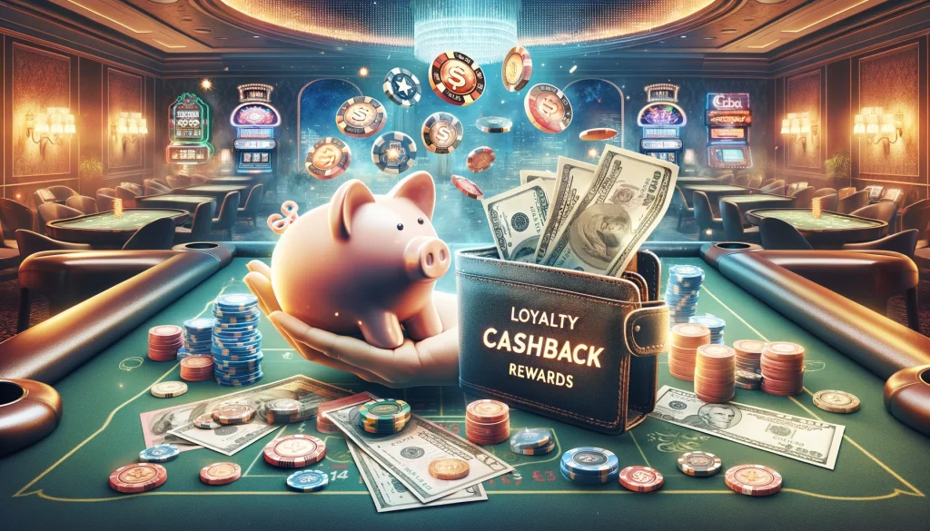 Casino speler controleert verheugd zijn cashback bonus in een online casino, onderstrepend het belang van loyaliteit.