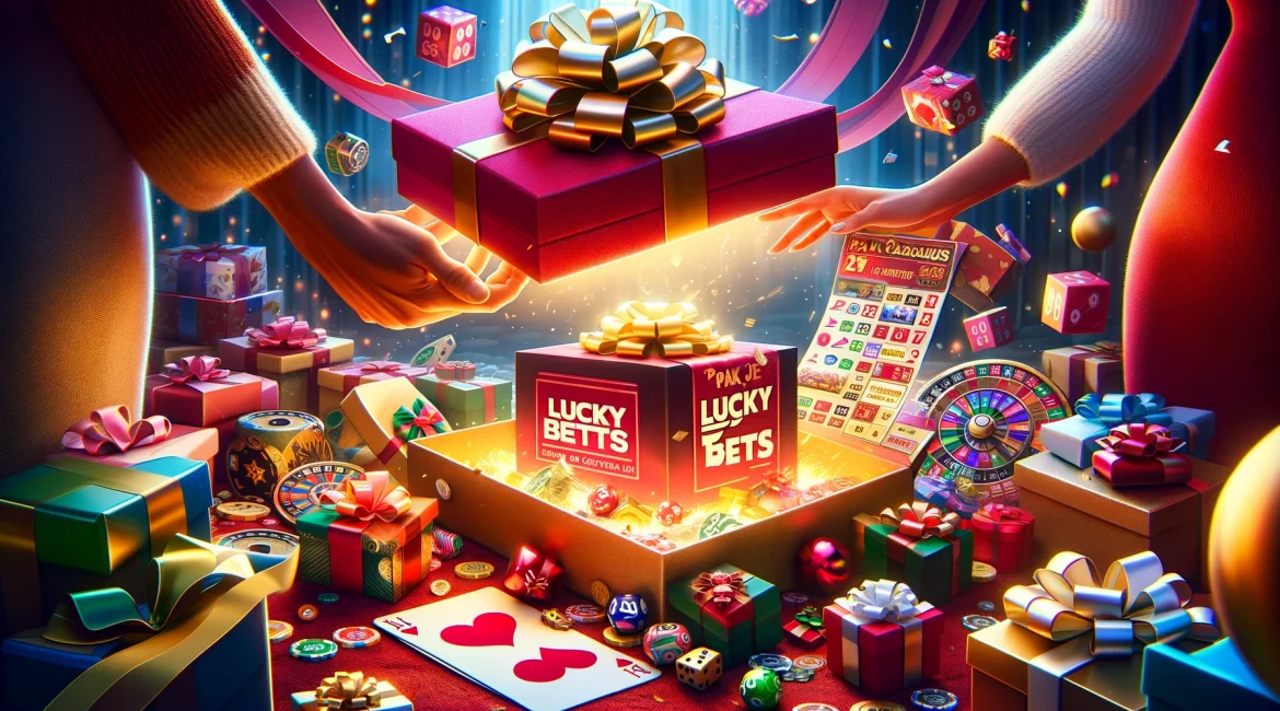 Spelers ontvangen spannende cadeaus en bonussen bij LuckyBets Casino, te midden van een vrolijke en feestelijke sfeer.